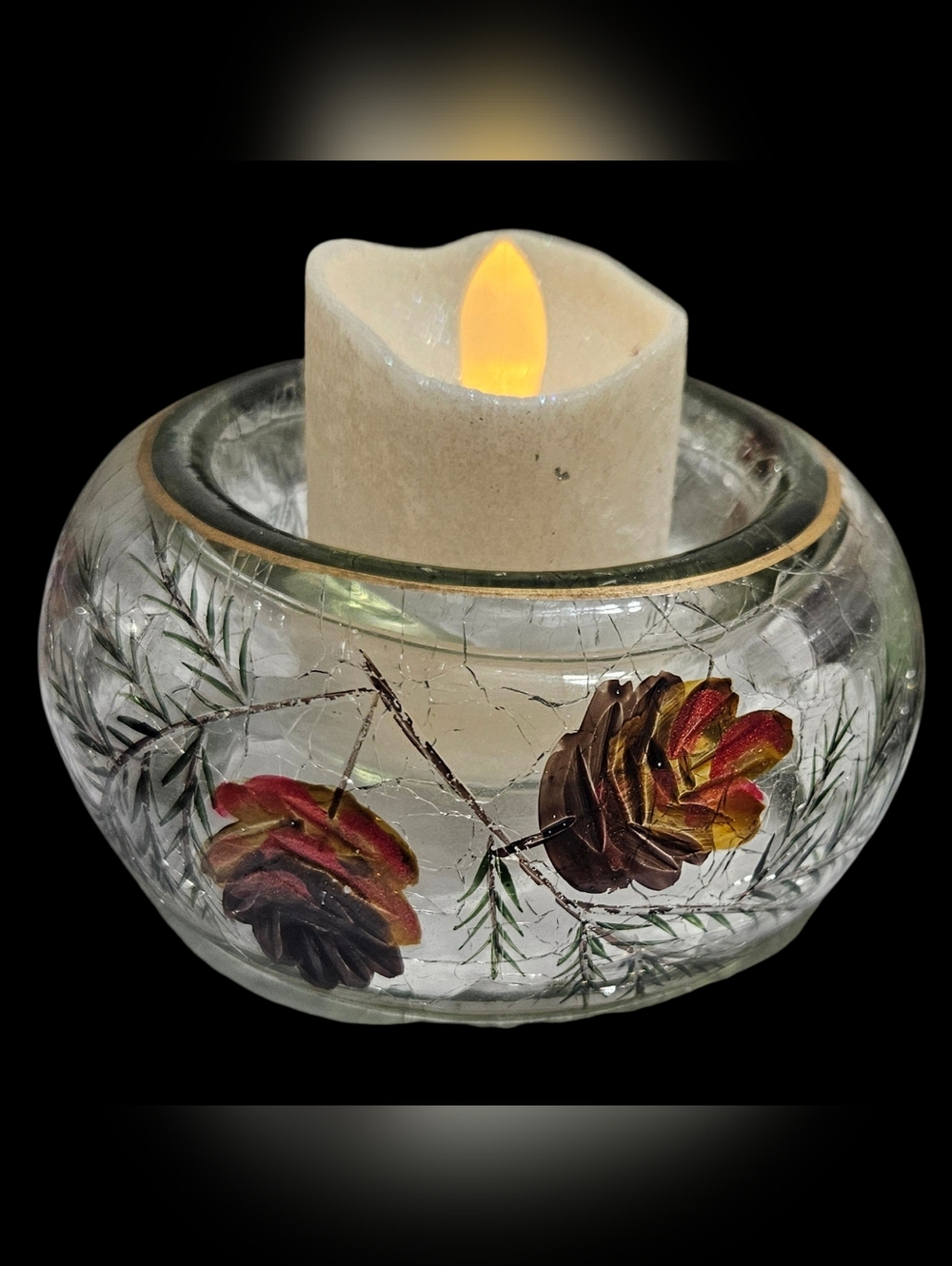 Yankee Candle Crackle Glass Painted Pine Cones Voltive Tea Light Candle Holder